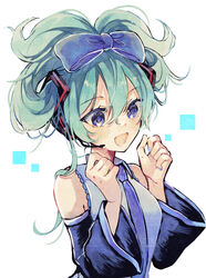  :d alternate_hairstyle bare_shoulders blue_bow blue_eyes blue_nails blue_necktie blue_sleeves blush bow cinnamiku collared_shirt commentary detached_sleeves female green_hair grey_shirt hair_between_eyes hairbow hatsune_miku highres long_sleeves nail_polish naoton necktie shirt simple_background sleeveless sleeveless_shirt smile solo updo upper_body vocaloid white_background wide_sleeves 