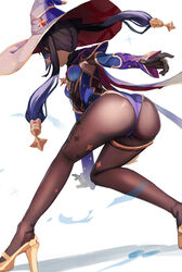  ass black_hair bodystocking breasts cloak female from_behind genshin_impact hat highleg highleg_leotard highres leotard long_hair medium_breasts mona_(genshin_impact) pantyhose purple_hat purple_leotard simple_background solo standing thighlet timitarcat twintails white_background witch witch_hat 