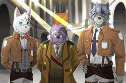  2014 amaki_tsukishiro anthro attack_on_titan blue_eyes blue_necktie bow_tie brown_clothing brown_jacket brown_topwear canid canine canis clothing colored domestic_cat domestic_dog eyewear felid feline felis fur glasses grey_body grey_eyes grey_fur grey_hair group hair husky jacket male mammal mature_male mitsuhisa_aotsuki monotone_body monotone_fur morenatsu multicolored_body multicolored_fur necktie nordic_sled_dog overweight overweight_anthro overweight_male parody poge_jirushi purple_body purple_fur red_bow_tie shigure_tachibana spitz topwear trio two_tone_body two_tone_fur white_body white_fur 