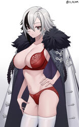  acaa arlecchino_(genshin_impact) black_hair bra breasts cleavage cowboy_shot female fur_trim genshin_impact half-closed_eyes hand_on_own_hip highres jacket large_breasts lingerie looking_at_viewer multicolored_hair open_clothes open_jacket panties parted_lips red_bra red_panties short_hair simple_background solo symbol-shaped_pupils thighhighs two-tone_hair underwear white_background white_hair white_jacket white_thighhighs x-shaped_pupils 