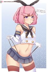  absurdres bare_shoulders blue_skirt commentary cosplay cowboy_shot crop_top doki_doki_literature_club elbow_gloves english_commentary english_text female gloves hair_ornament hair_ribbon hairclip highres kantai_collection looking_at_viewer microskirt midriff natsuki_(doki_doki_literature_club) navel open_mouth outline panty_straps patreon_logo patreon_username pink_hair pleated_skirt purple_eyes raion_(raionart) ribbon sailor_collar shimakaze_(kancolle) shimakaze_(kancolle)_(cosplay) shirt short_hair skirt sleeveless sleeveless_shirt solo striped_clothes striped_thighhighs swept_bangs thighhighs two_side_up white_gloves white_outline zettai_ryouiki 