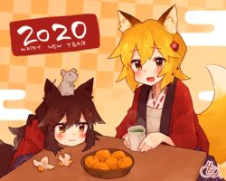  2020 2girls animal_ear_fluff animal_ears blonde_hair chinese_zodiac fox_ears fox_girl fox_tail hair_ornament happy_new_year indie_virtual_youtuber japanese_clothes kemonomimi_mode mouse_(animal) multiple_girls new_year official_art rimu-chan_(rimukoro) rimukoro senko_(sewayaki_kitsune_no_senko-san) sewayaki_kitsune_no_senko-san signature tail virtual_youtuber year_of_the_rat 