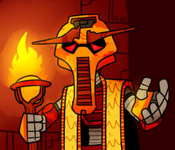  2016 5_fingers ambiguous_gender armor billfrancois bionicle clothing digital_drawing_(artwork) digital_media_(artwork) eyebrows fingers fire holding_object humanoid lego looking_at_viewer machine male_(lore) mask mouthless not_furry orange_body red_background red_eyes robe robot simple_background solo staff standing thick_eyebrows turaga vakama 