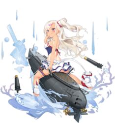  :q archerfish_(azur_lane) azur_lane blonde_hair blush female from_behind gun hair_ornament handgun highres kani_biimu licking_lips long_hair looking_at_viewer looking_back official_art one-piece_tan purple_eyes riding rigging rudder_footwear smile solo submarine tail tan tanlines tongue tongue_out torpedo transparent_background watercraft weapon 