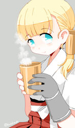  blonde_hair blue_eyes blunt_bangs commentary_request dougi female gloves grey_background grey_gloves hair_ornament hakama hakama_short_skirt hakama_skirt highres japanese_clothes kanoe_soushi kantai_collection long_hair looking_at_viewer red_hakama shin&#039;you_(kancolle) side_ponytail simple_background single_glove sitting skirt solo steam tumbler 