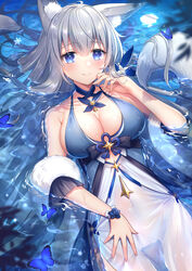  absurdres ahoge animal_ear_fluff animal_ears armpit_crease azur_lane bare_shoulders blue_butterfly blush breasts bug butterfly center_opening chinese_knot cleavage closed_mouth covered_navel dress feather_boa female fox_ears fox_tail hand_up highres large_breasts long_hair lying mole mole_under_eye multiple_tails official_alternate_costume on_back partially_submerged see-through see-through_dress shinano_(azur_lane) shinano_(dreams_of_the_hazy_moon)_(azur_lane) sideboob smile solo tail two-tone_dress umishima_rinta water wet wet_clothes wet_dress wristband 