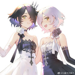  2girls :d beatrice_(masterwork_apocalypse) black_gloves black_hair breasts brown_eyes chinese_commentary choker commentary_request dress elbow_gloves flower gloves hair_over_one_eye masterwork_apocalypse multiple_girls open_mouth parted_lips quuni reverse_palettes short_hair simple_background single_elbow_glove small_breasts smile strapless strapless_dress virgil_(masterwork_apocalypse) white_background white_gloves yellow_eyes 