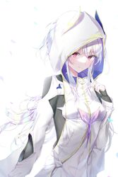  bangs black_gloves breasts closed_mouth commentary_request eyebrows_visible_through_hair fate/grand_order_arcade fate/prototype fate_(series) female fingerless_gloves gloves hair_between_eyes hand_up hood hood_up hooded_robe index_finger_raised long_hair looking_at_viewer merlin_(fate/prototype) petals qlakwnd red_eyes robe silver_hair simple_background small_breasts smile solo upper_body very_long_hair white_background white_robe 