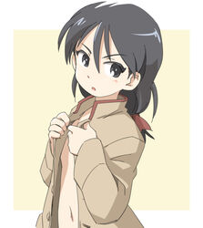  black_eyes black_hair bow brown_jacket chi-hatan_school_uniform commentary female girls_und_panzer hairbow high_collar jacket kubota_rin long_sleeves looking_at_viewer naked_jacket navel no_shirt open_clothes open_jacket open_mouth opened_by_self outside_border ponytail red_bow school_uniform solo tewarusa undressing yellow_background 