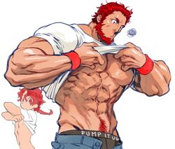  2boys abs age_difference aged_up alexander_(fate) azuma_toh bara beard boxers braid casual clothes_lift commentary_request crossed_arms dual_persona facial_hair fate/grand_order fate/zero fate_(series) iskandar_(fate) lifting_own_clothes long_hair male_focus male_pubic_hair male_underwear manly multiple_boys muscular muscular_male navel_hair open_fly pectorals pubic_hair red_eyes red_hair shirt shirt_lift single_braid squiggle t-shirt underwear white_shirt wristband 