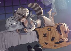  animal_ears feet_up female grey_skirt indie_virtual_youtuber lying midriff navel night on_side one_eye_closed open_mouth raccoon_ears raccoon_girl raccoon_tail shoes skirt snuffy_(vtuber) snuffy_(vtuber)_(1st_costume) star_(sky) stomach tail toes tongue tongue_out uhhgaoh unworn_shoes virtual_youtuber 