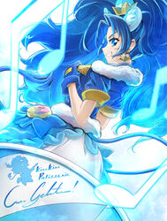  animal_ears back blue_choker blue_gloves blue_hair blue_skirt blue_thighhighs character_name choker clear_glass_(mildmild1311) commentary_request crown crown_earrings cure_gelato extra_ears female gloves gold_crown highres kirakira_precure_a_la_mode layered_skirt lion_ears lion_tail long_hair looking_at_viewer looking_back magical_girl mini_crown pointed_crown precure short_sleeves skirt smile solo tail tategami_aoi thighhighs 