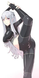  ak-12_(girls&#039;_frontline) artificial_eye ass black_ribbon blush braid female flexible from_side girls&#039;_frontline grey_hair groin hair_ribbon hand_on_own_leg kageshio_(276006) long_hair mechanical_eye navel parted_lips ponytail purple_eyes ribbon shirt sidelocks simple_background smile solo split standing standing_on_one_leg standing_split taut_clothes taut_pants taut_shirt unusually_open_eyes very_long_hair white_background 