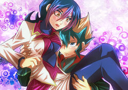  1boy blonde_hair blue_eyes blush carrying droite_(yu-gi-oh!) eyes_visible_through_hair female md5_mismatch multicolored_hair open_mouth pantyhose photoshop_(medium) princess_carry spiked_hair sweatdrop teijin tenjou_kaito two-tone_hair yellow_eyes yu-gi-oh! yu-gi-oh!_zexal 