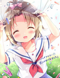  :d ^_^ arms_up azumi_kazuki bangs_pinned_back blue_skirt blush bow brown_hair closed_eyes clothes_pin collarbone commentary_request facing_viewer female hairbow high_school_fleet highres neckerchief open_mouth petals pink_bow pleated_skirt red_neckerchief sailor_collar school_uniform serafuku shirt short_sleeves skirt smile solo translation_request transparent upper_body water_drop white_sailor_collar white_shirt yamashita_hideko yokosuka_girls_marine_high_school_uniform 