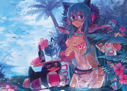  animal_ears argyle_clothes argyle_dress bangle belt bird black_belt blue_eyes blue_hair blue_sky blush bottle bracelet breasts cat_ears cat_girl cleavage cloud cocktail commentary_request cowboy_shot day detached_sleeves dress drinking_straw expressionless eye_mask female floating floating_object flower fur_collar galapago_(ragnarok_online) galapagos_penguin goinkyo hair_between_eyes hibiscus horizon innertube jewelry long_bangs long_hair looking_at_viewer medium_breasts no_panties ocean open_mouth outdoors palm_tree penguin pink_flower ragnarok_online see-through see-through_dress shiroroko simple_bird sky sleeveless sleeveless_dress sorcerer_(ragnarok_online) sunglasses swim_ring tray tree water wet wet_clothes white_sleeves wine_bottle 