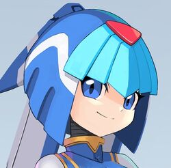  android blue_eyes closed_mouth commentary_request fairy_leviathan_(mega_man) female grey_background helmet looking_at_viewer mega_man_(series) mega_man_zero_(series) portrait robot_girl simple_background smile solo tesshii_(riza4828) 