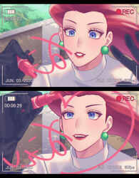  absurdres battery_indicator black_gloves blue_eyes character_signature commentary_request dated drawing_on_fourth_wall earrings eyelashes female gloves hair_slicked_back highres holding holding_pen jessie_(pokemon) jewelry lipstick long_hair looking_up makeup open_mouth pen pokemon pokemon_(anime) recording red_hair red_lips ruru_(gi_xxy) signature signing team_rocket teeth viewfinder writing 