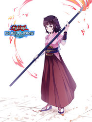  absurdres black_eyes black_hair copyright_name duel_monster female fire full_body highres holding holding_polearm holding_weapon japanese_clothes kimono medium_hair pink_kimono polearm red_skirt shiranui_squire skirt smile solo spear staff standing tamagokake_candy weapon white_background yu-gi-oh! yu-gi-oh!_duel_links 