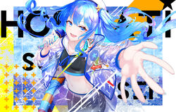  absurdres aritsuno arm_up beret black_pants blue_eyes blue_hair blue_nails border breasts crop_top earrings english_text female floating_hair hair_ornament hand_up hat highres holding holding_microphone hololive hoshimachi_suisei jacket jewelry long_hair looking_at_viewer microphone midriff music nail_polish navel open_mouth outstretched_arm paint_splatter pants see-through see-through_jacket singing small_breasts solo star_(symbol) star_hair_ornament stomach virtual_youtuber wavy_hair white_border white_hat 