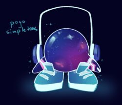  2020 alien blue_background clothing crossover dialogue dj_subatomic_supernova electronics english_text footwear for_a_head headgear headphones humor kirby kirby_(series) logicthelog looking_at_viewer nintendo no_straight_roads not_furry object_head orb round_head shoes simple_background solo space standing star text waddling_head 