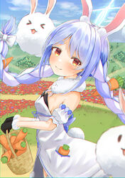  absurdres animal_ear_fluff animal_ears arm_cuffs basket black_gloves black_leotard blue_hair blurry blurry_foreground blush braid breasts bush carrot carrot_hair_ornament carrot_in_pocket chromatic_aberration cloud coat coat_dress commentary day detached_sleeves don-chan_(usada_pekora) dress female field flower flower_field foliage food-themed_hair_ornament from_side fur-trimmed_coat fur-trimmed_gloves fur_scarf fur_trim gloves grass hair_ornament head_tilt highres hikimayu holding holding_basket hololive hololive_alternative huge_weapon leotard leotard_under_clothes long_hair looking_at_viewer looking_to_the_side loose_hair_strand multicolored_hair orange_eyes outdoors path pekomon_(usada_pekora) planted planted_sword puffy_short_sleeves puffy_sleeves rabbit-shaped_pupils rabbit_ears rabbit_girl rabbit_tail short_eyebrows short_sleeves sky small_breasts smile solo strapless strapless_dress strapless_leotard sword symbol-shaped_pupils tail thick_eyebrows to-bo_e twin_braids two-tone_hair usada_pekora usada_pekora_(1st_costume) virtual_youtuber walking weapon white_coat white_hair white_sleeves wicker_basket 