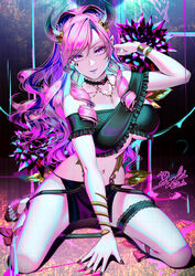  arm_up bare_shoulders black_flower black_nails breasts dahlia facial_mark female flower high_heels highres horns jewelry large_breasts lips lipstick long_hair looking_at_viewer makeup nail_polish navel necklace original pointy_ears purple_eyes purple_flower purple_hair ryuki@maguro-ex sitting smile solo thigh_strap very_long_hair wariza watch 