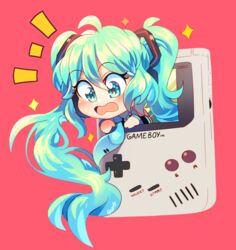  ^^^ aqua_eyes aqua_hair aqua_necktie bad_id bad_twitter_id blush english_commentary female game_boy game_boy_(original) hair_between_eyes hair_ornament handheld_game_console hatsune_miku headphones long_hair looking_down necktie onsta open_mouth red_background solo twintails very_long_hair vocaloid 