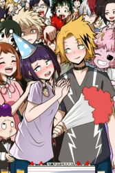  5girls 6+boys absurdres aoyama_yuuga ashido_mina asui_tsuyu audio_jack bakugou_katsuki beak birthday birthday_cake black_bow black_bowtie black_choker black_eyes black_sclera black_shirt black_vest blonde_hair blood blue_headwear blue_legwear blunt_bangs blush blush_stickers bob_cut boku_no_hero_academia bouquet bow bowtie breasts brown_hair burn_scar cake choker closed_mouth colored_sclera colored_skin commentary cup dress drink drinking_glass embarrassed empty_eyes everyone eyelashes flower food freckles fruit glasses green_eyes green_hair grin groping hagakure_tooru hand_on_another&#039;s_head hand_on_another&#039;s_shoulder hands_up hat highres holding holding_bouquet horns iida_tenya invisible jirou_kyouka kaminari_denki kirishima_eijirou kouda_kouji long_earlobes long_hair looking_at_another looking_back looking_up midoriya_izuku mineta_minoru multicolored_hair multiple_boys multiple_girls nose_blush nosebleed ojiro_mashirao one_eye_closed open_mouth pants party_hat pink_dress pink_hair pink_skin pink_skirt purple_hair purple_shirt pushing raised_eyebrows red_eyes red_hair sanpaku satou_rikidou scar scar_on_face sero_hanta shirt short_hair shouji_mezou shy skirt small_breasts smile solo_focus sparkle spiked_hair strawberry t-shirt todoroki_shouto tokoyami_fumikage translated two-tone_hair uraraka_ochako uu_ki vest wavy_mouth white_hair yaoyorozu_momo yellow_eyes 