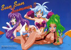  1990s_(style) 3girls ahoge all_fours artist_name bikini blue_eyes blue_hair breasts cello_(lamune) cleavage drum_(lamune) earrings fangs flipped_hair gloves green_eyes green_hair green_nails high_heels high_ponytail jewelry kotobuki_tsukasa large_breasts light_blue_hair lipstick long_hair looking_at_viewer lying makeup medium_breasts multiple_girls nail_polish navel non-web_source official_art on_side open_mouth orange_bikini purple_hair red_lips red_slingshot_swimsuit retro_artstyle sidelocks slingshot_swimsuit small_breasts swimsuit translation_request trumpet_(lamune) vs_knight_lamune_&amp;_40_fire w wristband yellow_eyes 