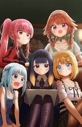  5girls :d arm_support bare_shoulders blonde_hair blouse blue_eyes blue_hair bob_cut breasts brown_pantyhose choker cleavage collared_shirt couch earrings feather_earrings feathers frilled_sleeves frills gawr_gura gawr_gura_(casual) gold_earrings green_choker green_eyes green_hair grey_hair hair_ornament highres hololive hololive_english holomyth hoop_earrings jacket jewelry light_blush long_hair looking_at_viewer medium_breasts medium_hair mori_calliope mori_calliope_(streetwear) multicolored_hair multiple_girls ninomae_ina&#039;nis ninomae_ina&#039;nis_(casual) on_couch open_mouth orange_hair pantyhose pink_hair ponytail purple_eyes purple_hair red_eyes red_jacket shark_girl shark_hair_ornament sharp_teeth shirt single_earring smile smol_ame smol_calli smol_gura smol_ina smol_kiara streaked_hair takanashi_kiara takanashi_kiara_(casual) tanuki_sanpeita teeth virtual_youtuber watson_amelia watson_amelia_(street_casual) white_shirt 