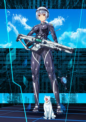  absurdres animal animal_ear_headphones animal_ears ano_hito bad_id bad_pixiv_id bell breasts commentary_request commission cyborg fake_animal_ears feline female full_body gun headphones highres holding holding_gun holding_weapon medium_breasts neck_bell open_mouth original pixiv_commission red_eyes rifle science_fiction sefirot shiny short_hair smile solo standing very_short_hair weapon white_cat white_hair yawning 