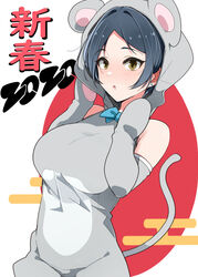  alternate_costume animal_costume animal_ears animal_hood bow bowtie breasts chinese_zodiac commentary_request earrings female gloves haseneko hayami_kanade highres hood idolmaster idolmaster_cinderella_girls jewelry large_breasts mouse_costume mouse_ears new_year short_hair solo year_of_the_rat yellow_eyes 