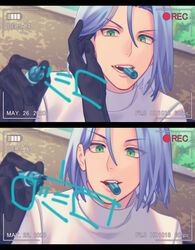  1boy absurdres battery_indicator black_gloves blue_hair character_signature commentary_request creative_signature dated drawing_on_fourth_wall gloves green_eyes hair_between_eyes hand_up hands_up highres holding holding_pen james_(pokemon) male_focus mouth_hold pen pen_cap_in_mouth pokemon pokemon_(anime) recording ruru_(gi_xxy) signature signing team_rocket team_rocket_uniform tucking_hair turtleneck viewfinder writing 