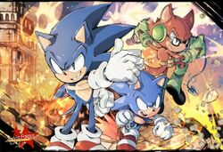  3boys aimf animal_ears avatar_(sonic_forces) black_eyes building dated destruction fire furry furry_male gloves green_eyes green_footwear green_gloves male_focus multiple_boys multiple_persona open_mouth red_footwear serious shoes smile sneakers sonic_(series) sonic_forces sonic_the_hedgehog thumbs_up white_gloves wolf_ears 