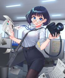  bag black_pantyhose blue_eyes blue_hair blue_necktie blurry blurry_foreground bob_cut bracelet breasts camera collared_shirt cowboy_shot depth_of_field eyebrows_hidden_by_hair female flying_paper glasses handbag highres id_card indoors jewelry kam-ja looking_at_viewer map_(object) medium_breasts necktie office office_lady open_mouth original pantyhose paper pencil_skirt photocopier shirt shirt_tucked_in short_hair skirt sleeves_rolled_up smile solo walking wing_collar 