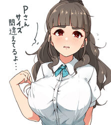  blue_bow blue_bowtie blunt_bangs blush bow bowtie breasts brown_hair buttons collared_shirt commentary_request dress_shirt female haseneko idolmaster idolmaster_cinderella_girls kamiya_nao large_breasts long_hair looking_at_viewer open_mouth plaid plaid_bow plaid_bowtie ponytail puffy_short_sleeves puffy_sleeves red_eyes school_uniform shirt short_sleeves simple_background solo thick_eyebrows translated upper_body white_background 