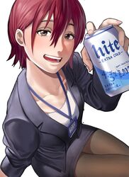  absurdres alcohol beer blush brand_name_imitation breasts collarbone female hair_between_eyes han_soo-min_(hanny) hanny_(uirusu_chan) highres looking_at_viewer open_mouth original pantyhose pencil_skirt red_hair shirt short_hair skirt small_breasts smile solo tekken tekken_7 white_background 