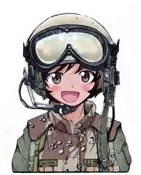  :d akiyama_yukari artist_name brown_jacket camouflage character_name commentary_request cropped_torso female girls_und_panzer goggles goggles_on_headwear green_headwear gulf_war headset helmet jacket looking_at_viewer military military_uniform military_vehicle nakamura_3sou name_tag open_mouth operation_desert_storm short_hair simple_background smile solo uniform united_states_marine_corps upper_body white_background woodland_camouflage 