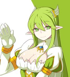  breasts cleavage commentary_request elf elsword female grand_archer_(elsword) green_eyes green_hair pointy_ears rena_erindel smile waving winged_hair_ornament xkxh1674 