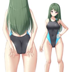  absurdres adjusting_clothes adjusting_swimsuit ass blue_eyes blush breasts closed_mouth competition_swimsuit female grey_hair highleg highres kazama_touko long_hair looking_at_viewer multiple_views muv-luv muv-luv_alternative ncontrail_(mgax7527) one-piece_swimsuit sideboob sidelocks simple_background standing swimsuit thighs white_background 