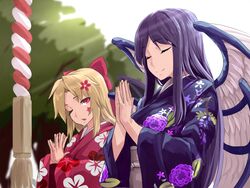  2girls bad_id bad_twitter_id blonde_hair blue_hair closed_eyes commentary elis_(touhou) feathered_wings flower hair_flower hair_ornament hair_ribbon highres japanese_clothes kamiya_ueshi kimono long_hair long_sleeves multiple_girls one_eye_closed own_hands_clasped own_hands_together red_eyes red_ribbon ribbon sariel_(touhou) touhou touhou_(pc-98) wide_sleeves wings 