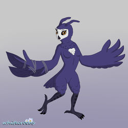  1:1 anthro anthrofied avian beak bird breasts broken_wing chest_tuft digital_media_(artwork) eyelashes feathers featureless_crotch feet female grey_background hair heart_on_body hi_res ku_(ori) leaf leaf_ears looking_at_viewer microsoft on_one_leg orange_eyes ori_(series) owl prosthetic_wing purple_body purple_feathers purple_hair simple_background small_breasts solo standing straps tail tail_feathers talons toes tongue tuft white_face whitecrocus winged_arms wings xbox_game_studios 