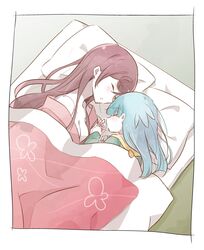  2girls 66ta1yak1 absurdres age_difference bad_id bad_twitter_id blue_hair breasts cleavage closed_eyes commentary_request futon hair_down highres holding_hands hoshikawa_lily light_blue_hair long_hair lying medium_breasts multiple_girls on_side onee-loli pajamas pillow red_hair yuri yuugiri_(zombie_land_saga) zombie_land_saga 