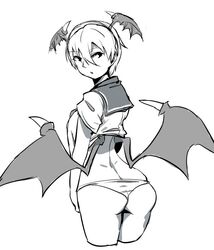  ass bakkanki breasts cropped_legs demon_girl female greyscale head_wings lilith_aensland looking_at_viewer monochrome panties school_uniform serafuku short_hair simple_background solo underwear vampire_(game) white_background wings 