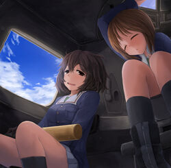  2girls akiyama_yukari black_footwear black_gloves black_legwear blue_jacket blue_sky blush boots brown_eyes brown_hair closed_eyes cloud cloudy_sky commentary day girls_und_panzer gloves green_shirt half-closed_eyes hidarikata holding jacket leaning_forward long_sleeves looking_at_viewer military military_uniform miniskirt multiple_girls nishizumi_miho ooarai_military_uniform open_mouth parted_lips pleated_skirt shirt short_hair sitting skirt sky smile socks sweat tank_interior tank_shell uniform white_skirt zipper 