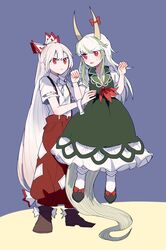  2girls angry baggy_pants black_footwear blue_dress blue_hair bobby_socks bow brown_footwear buttons caved_(touhou) collared_dress collared_shirt dress ex-keine footwear_bow fujiwara_no_mokou green_dress green_hair grey_background hairbow hat hime_cut holding horn_bow horn_ornament horn_ribbon horns itomugi-kun kamishirasawa_keine long_hair multicolored_hair multiple_girls multiple_hair_bows neckerchief ofuda ofuda_on_clothes pants puffy_short_sleeves puffy_sleeves red_bow red_eyes red_footwear red_neckerchief red_pants ribbon shirt shoes short_sleeves sidelocks skirt socks suspenders tokin_hat torn_clothes torn_sleeves touhou two-tone_hair very_long_hair white_bow white_hair white_legwear white_shirt white_skirt 