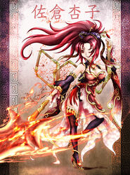  adapted_costume breasts character_name china_dress chinese_clothes cleavage cleavage_cutout clothing_cutout commentary_request dress female fire floating_hair full_body grin highres holding holding_polearm holding_weapon large_breasts lolita_majin long_hair mahou_shoujo_madoka_magica mahou_shoujo_madoka_magica_(anime) one_eye_closed polearm red_eyes red_hair sakura_kyoko sakura_kyoko_(magical_girl) smile solo standing standing_on_one_leg weapon 