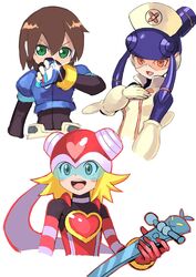  3girls :d aile_(mega_man_zx) biometal blonde_hair blue-tinted_eyewear blush bodysuit breasts brown_hair cropped_torso em_wave_change_(mega_man) gloves green_eyes guitar hair_between_eyes harp_note_(mega_man) hat heart helmet highres instrument layered_sleeves long_sleeves looking_at_viewer meddy.exe_(mega_man) mega_man_(series) mega_man_battle_network_(series) mega_man_battle_network_5 mega_man_star_force mega_man_zx model_x_(mega_man) multiple_girls netnavi nurse nurse_cap open_mouth orange-tinted_eyewear robot_ears scarf short_hair short_sleeves simple_background skin_tight small_breasts smile sonia_strumm_(mega_man) spandex teeth tesshii_(riza4828) tinted_eyewear upper_body upper_teeth_only visor white_background 