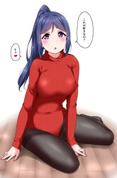  :o blue_hair blush bodysuit breasts commentary_request female heart heattech_leotard high_ponytail highres kanji large_breasts leotard long_hair long_sleeves looking_at_viewer love_live! love_live!_sunshine!! matsuura_kanan nail_polish open_mouth pantyhose purple_eyes ribbed_bodysuit ribbed_leotard ribbed_sleeves simple_background sitting solo speech_bubble thighband_pantyhose translated turtleneck uniqlo white_background wooden_floor yopparai_oni 